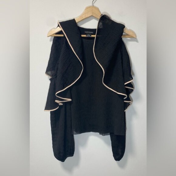 Club Monaco Ruffle-Sleeve Long Sleeve Blouse Black with White Trim – Size XS - Picture 6 of 12